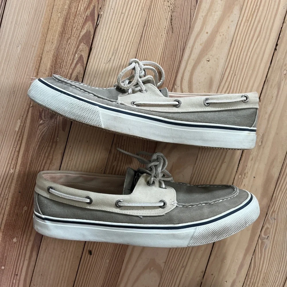 Sperry Top-Sider Bahama Boat Shoes Men 10 Olive Green Beige Canvas Casual Loafer